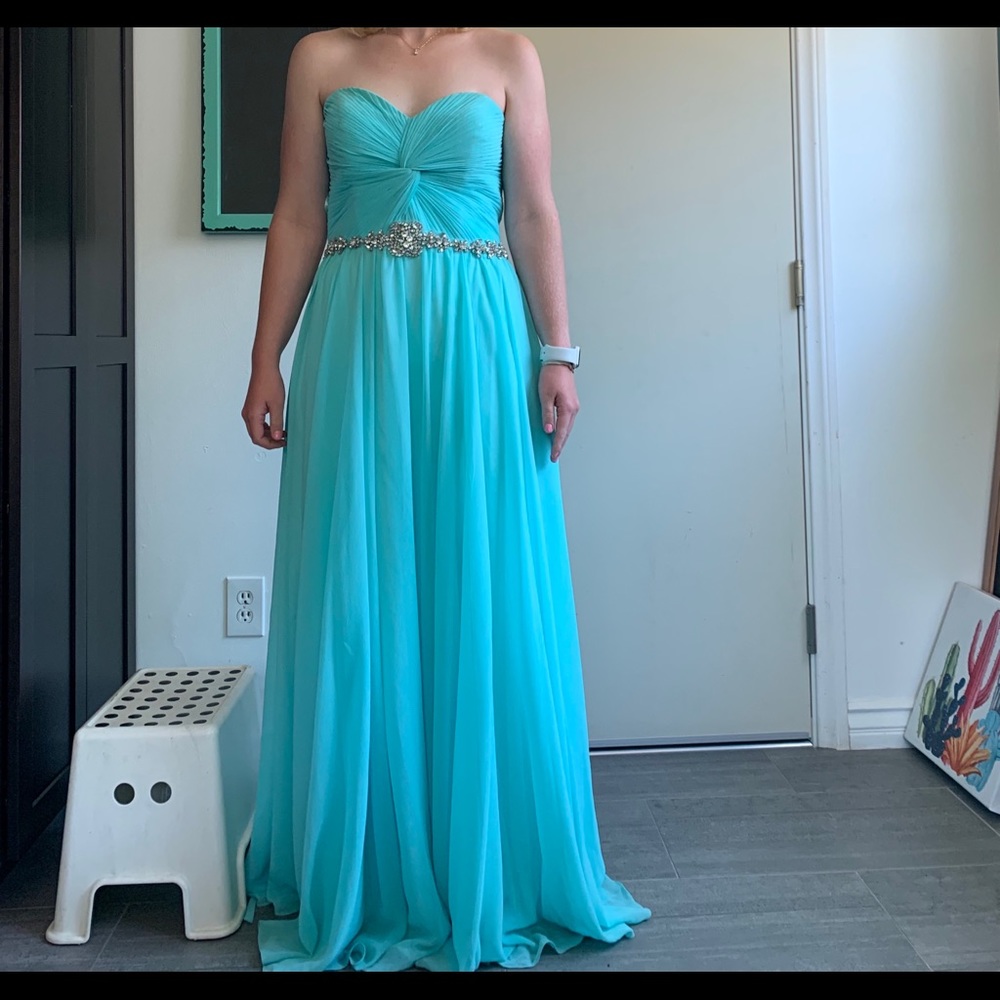 Strapless prom dress, teal and jewels